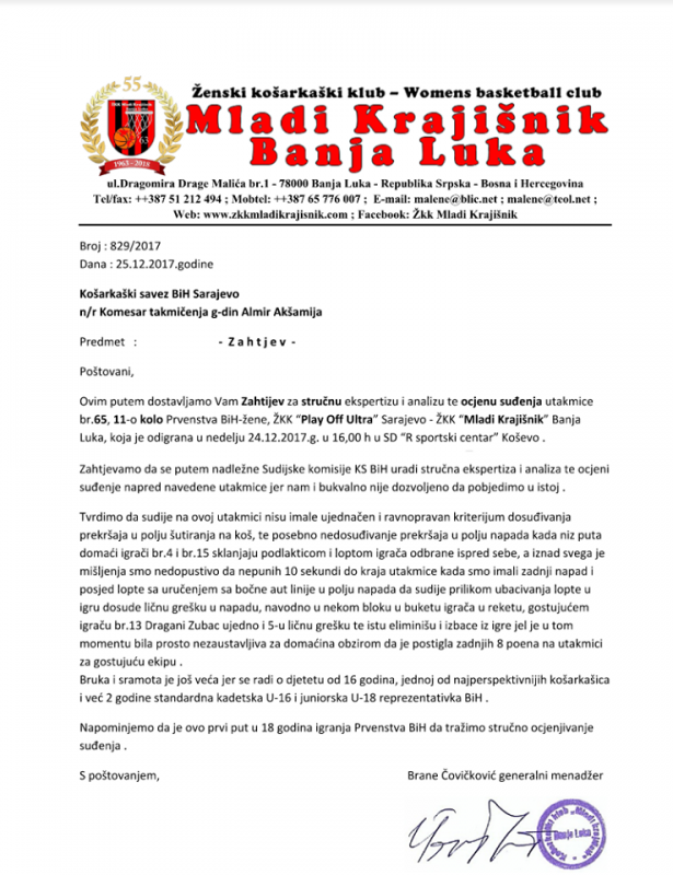 ZKK Mladi Krajisnik.png - Banjalučki klub se oglasio nakon utakmice, traže stručnu ekspertizu suđenja